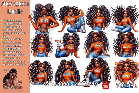 Aries Queen Bundle – 12 PNG Files: A Unique Digital Art Collection for Zodiacs and Afrocentric Enthusiasts