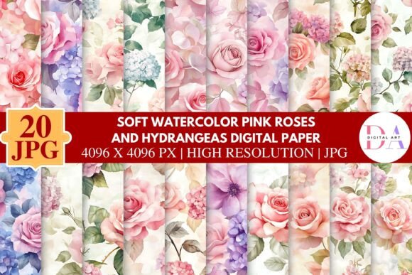 Soft Watercolor Pink Roses and Hydrangea: A Versatile Digital Paper for Creative Projects